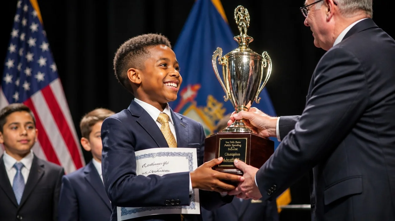 Student receiving award trophy