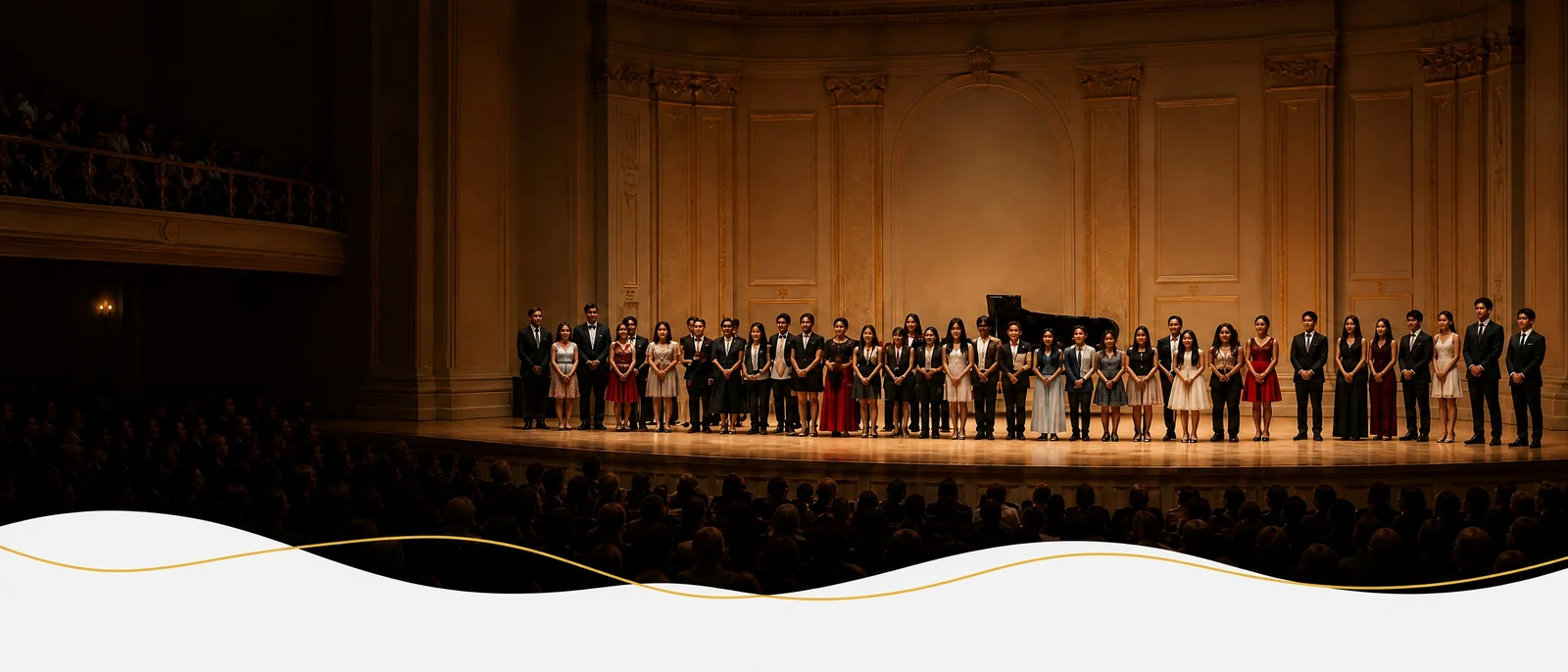 Students performing on a grand concert hall stage