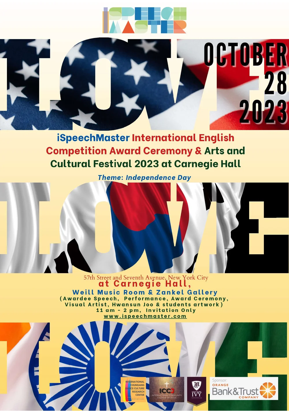 iSpeechMaster 2023 program cover — October 28, 2023, Carnegie Hall, Theme: Independence Day